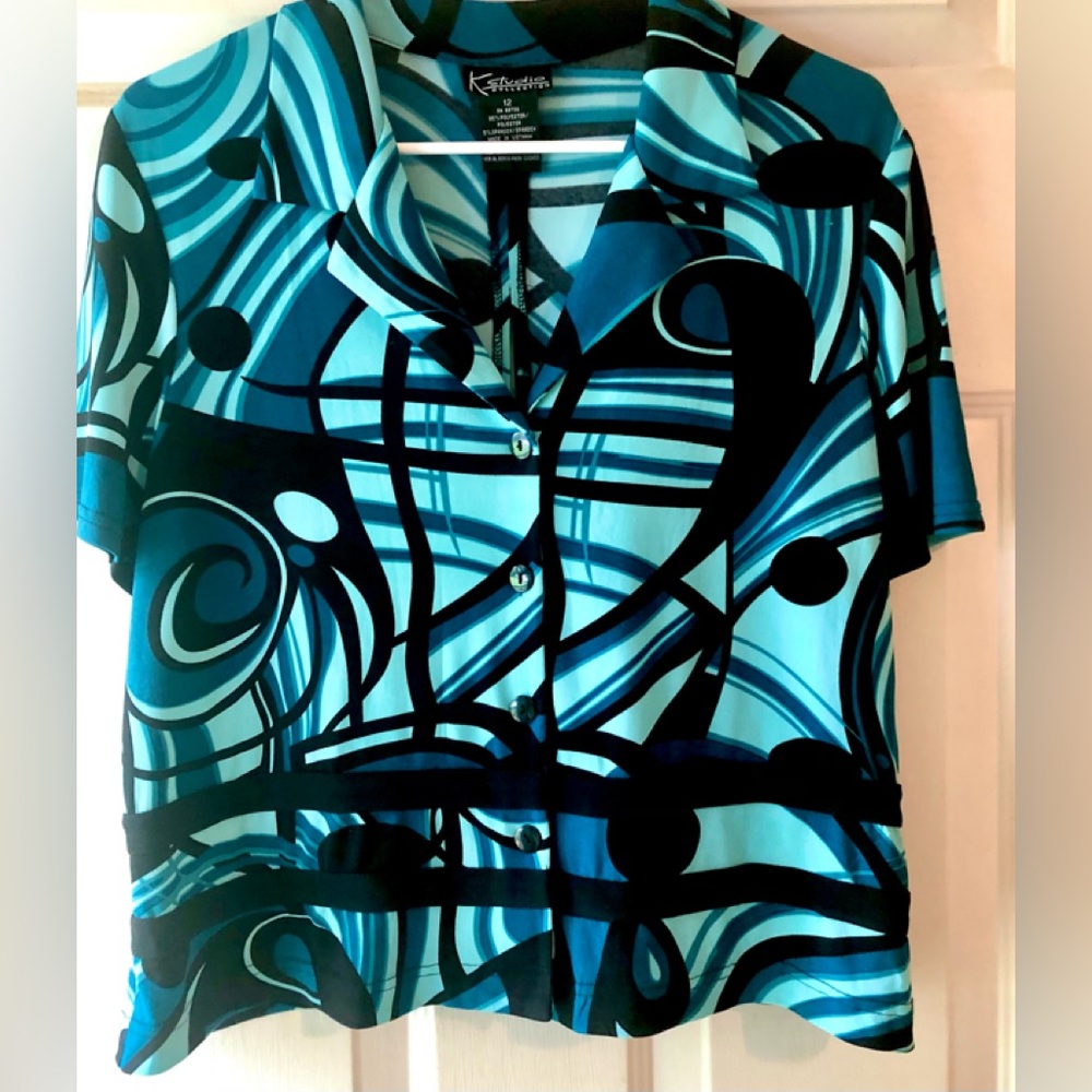 K Studio Teal Turquoise Blue Black Abstract Modern Print Split Back Blouse Sz 12